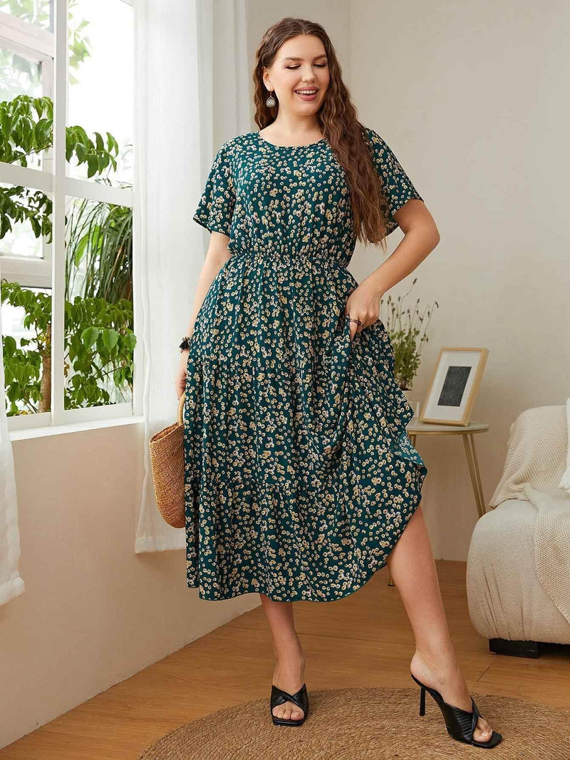 Honey Plus Size Floral Round Neck Short Sleeve Midi Dress women Attire by Trendsi