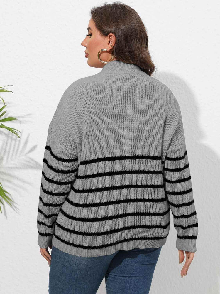 Plus Size Zip-Up Striped Sweater - GiFTiFY