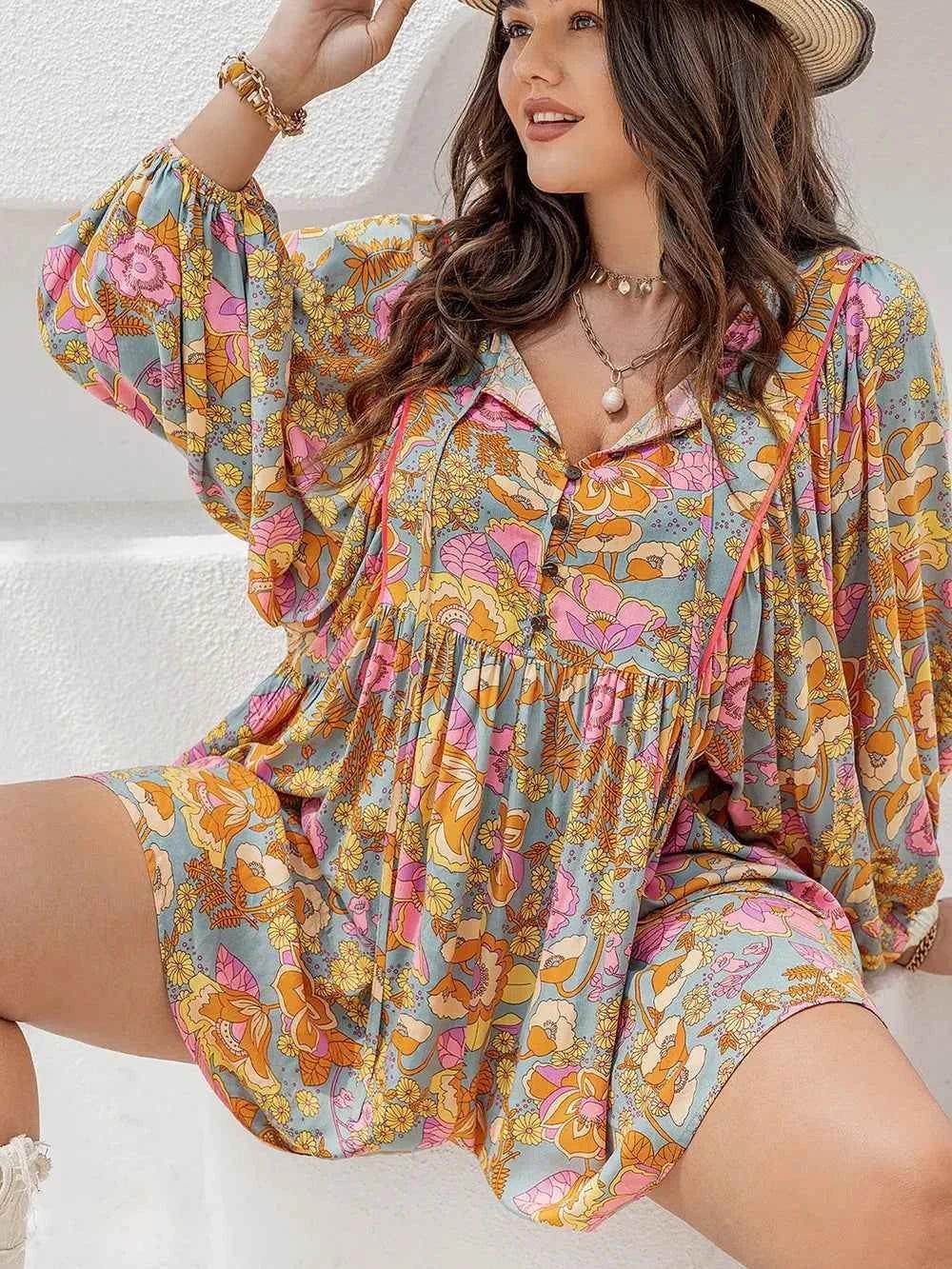 Plus Size Floral Tie Neck Balloon Sleeve Romper - GiFTiFY