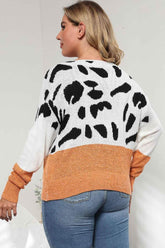 Plus Size Leopard Round Neck Long Sleeve Sweater - GiFTiFY