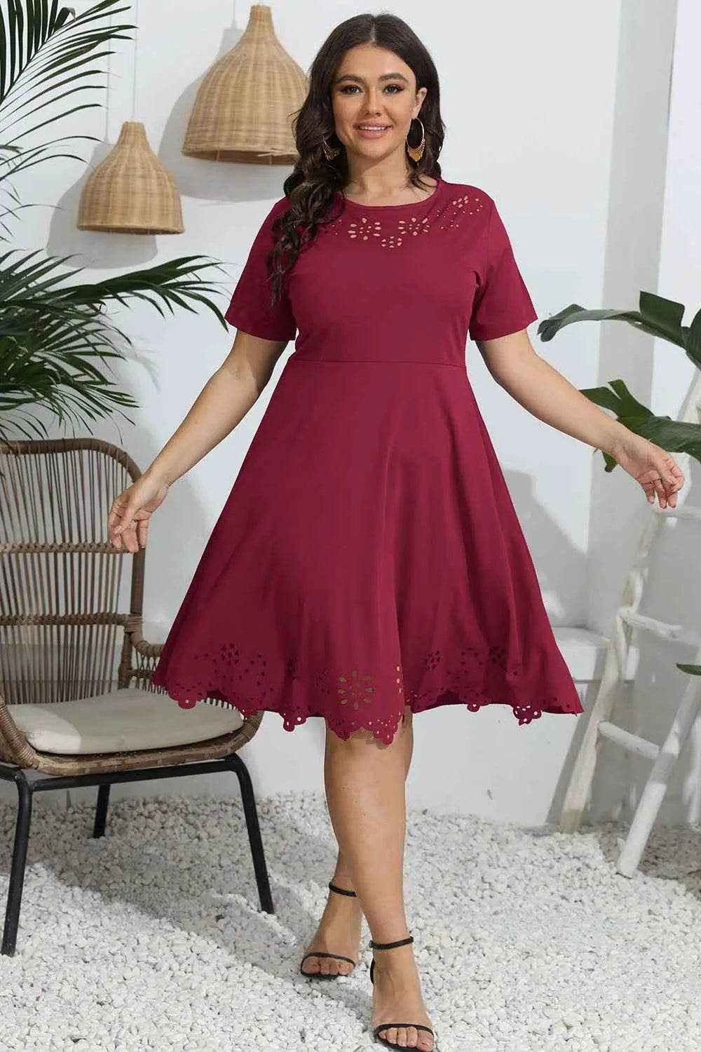 Plus Size Round Neck Openwork Dress - GiFTiFY
