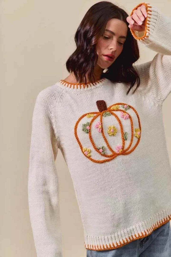 SO ME Pumpkin Floral Embroidered Thanksgiving Sweater - GiFTiFY