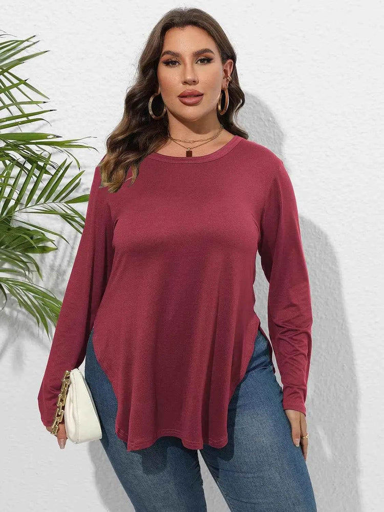 Plus Size Round Neck Long Sleeve Slit T-Shirt - GiFTiFY