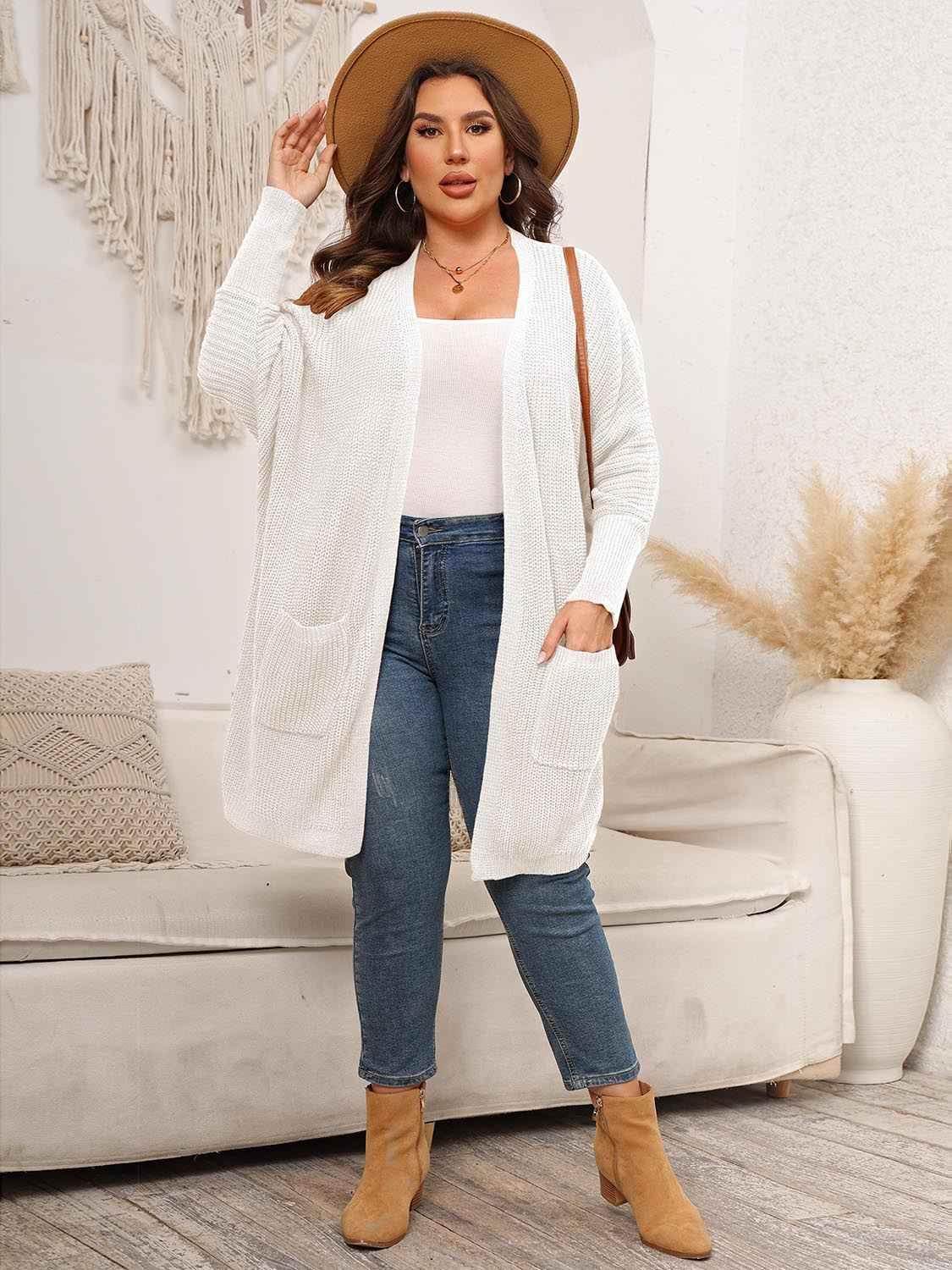 Plus Size Open Front Cardigan With Pockets - GiFTiFY