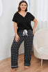 Plus Size V-Neck Top and Plaid Pants Lounge Set - GiFTiFY