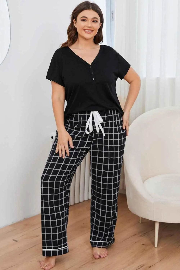 Plus Size V-Neck Top and Plaid Pants Lounge Set - GiFTiFY