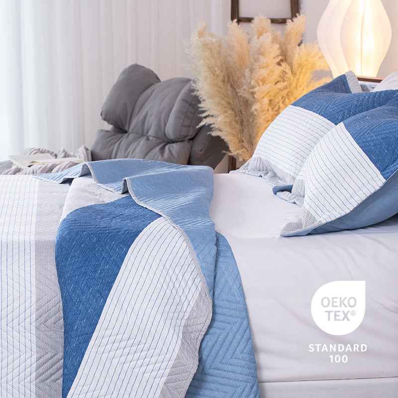 Kasentex Lightweight Reversible Stripe Quilt Set Bedding- Sky Blue and Ivory White, Room Decor, Graduation Gifts, Father's Day Gift
