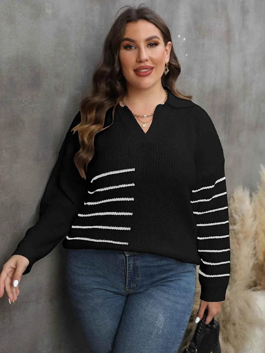 Plus Size Striped V-Neck Sweater - GiFTiFY