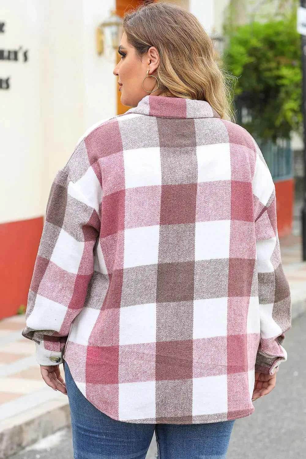 Plus Size Plaid Button Up Collared Neck Jacket - GiFTiFY