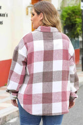 Plus Size Plaid Button Up Collared Neck Jacket - GiFTiFY