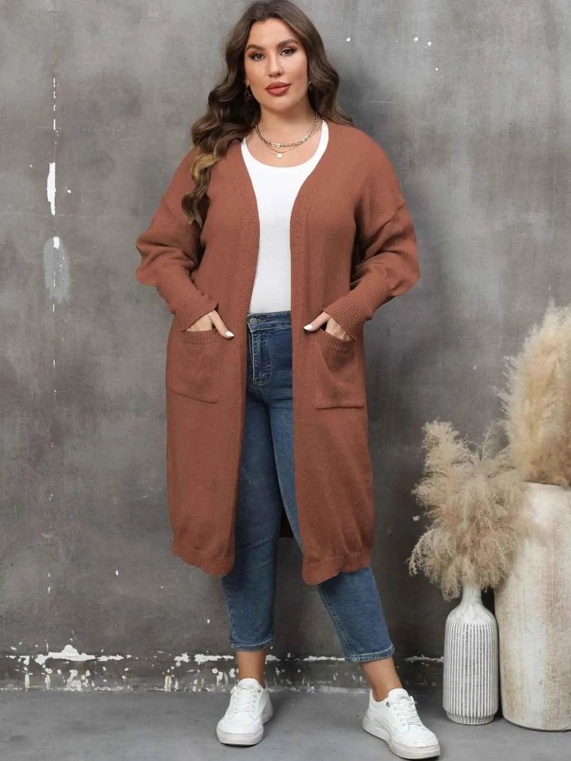 Plus Size Long Sleeve Pocketed Cardigan - GiFTiFY