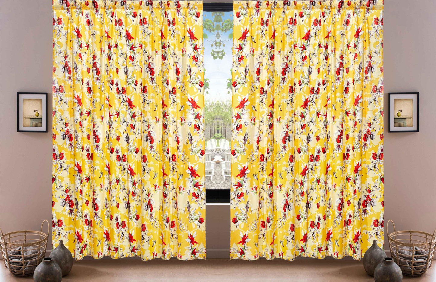 DaDa Bedding Set of 2 Radiant Sunshine Yellow Floral Window Curtain Panels - Natural Semi Sheer Hummingbirds Farmhouse Red Flowers Straight Tailored Edge