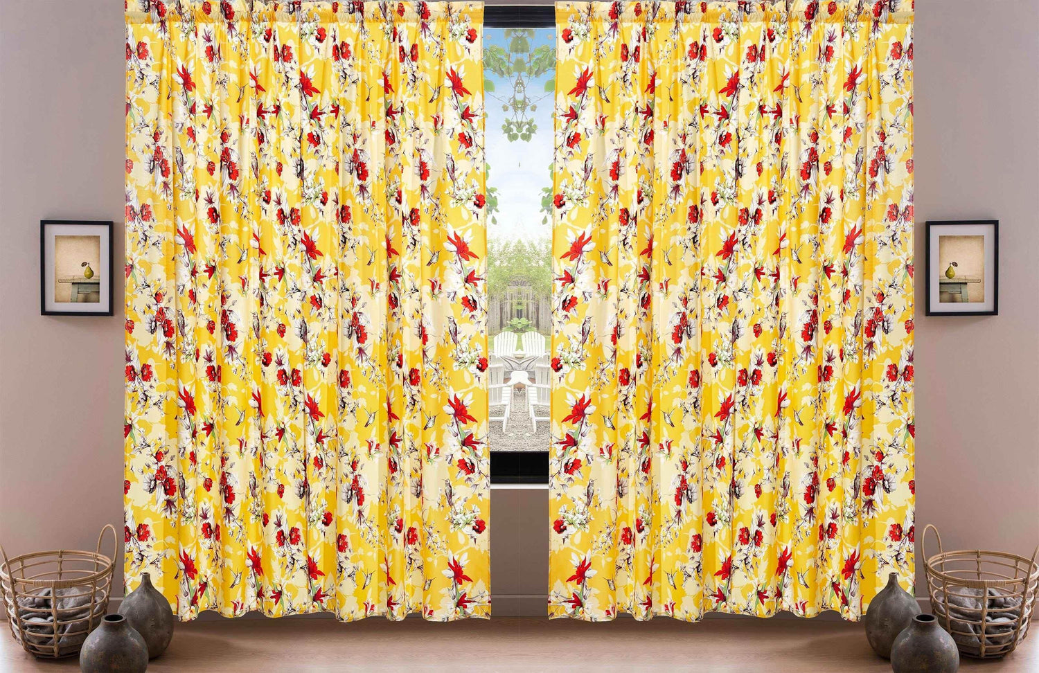 DaDa Bedding Set of 2 Radiant Sunshine Yellow Floral Window Curtain Panels - Natural Semi Sheer Hummingbirds Farmhouse Red Flowers Straight Tailored Edge - GiFTiFY