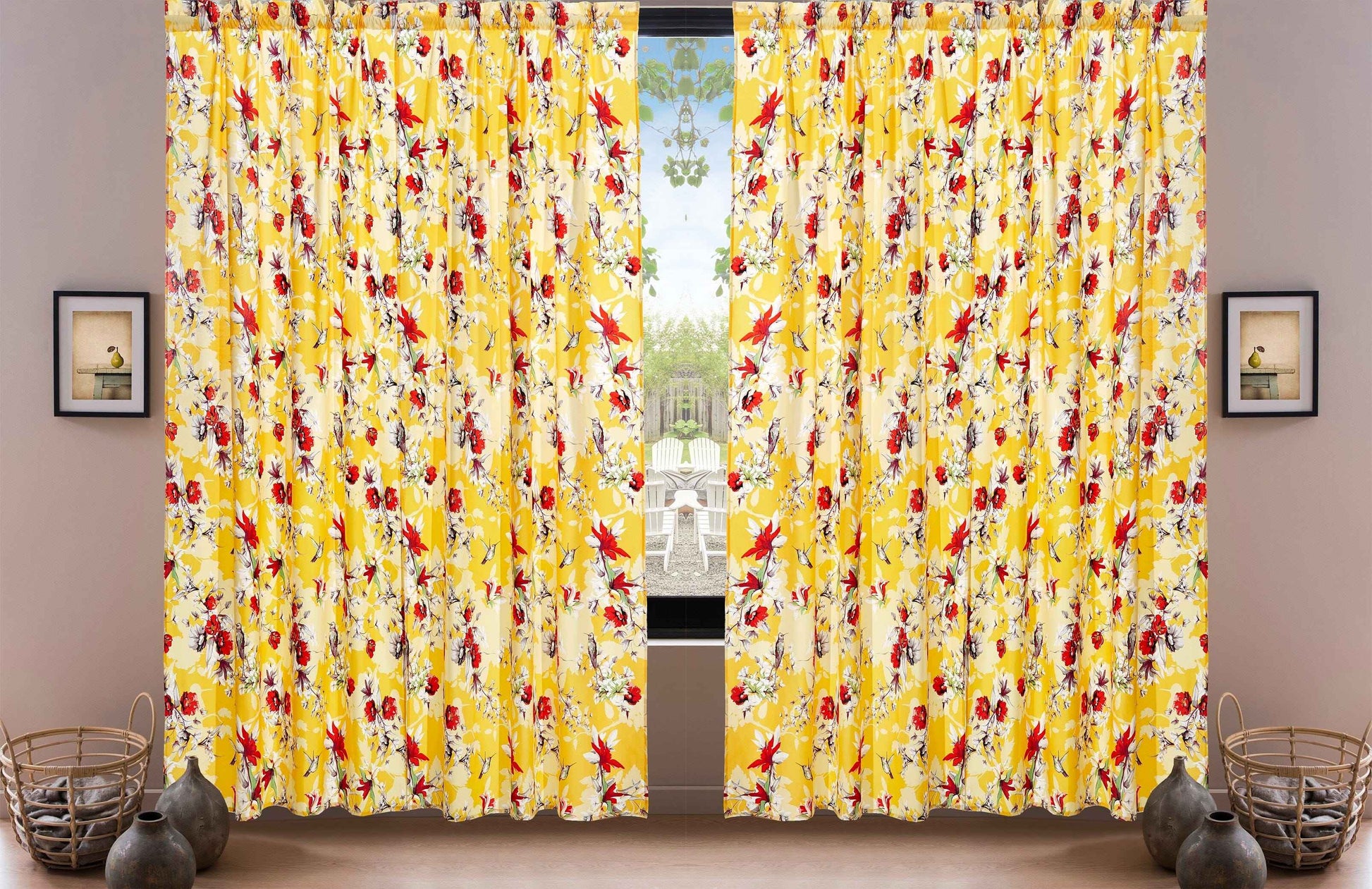 DaDa Bedding Set of 2 Radiant Sunshine Yellow Floral Window Curtain Panels - Natural Semi Sheer Hummingbirds Farmhouse Red Flowers Straight Tailored Edge