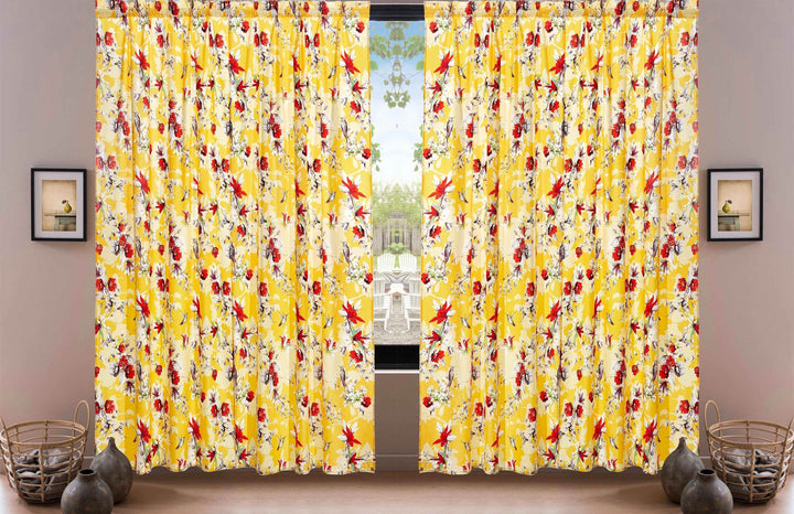 DaDa Bedding Set of 2 Radiant Sunshine Yellow Floral Window Curtain Panels - Natural Semi Sheer Hummingbirds Farmhouse Red Flowers Straight Tailored Edge - GiFTiFY