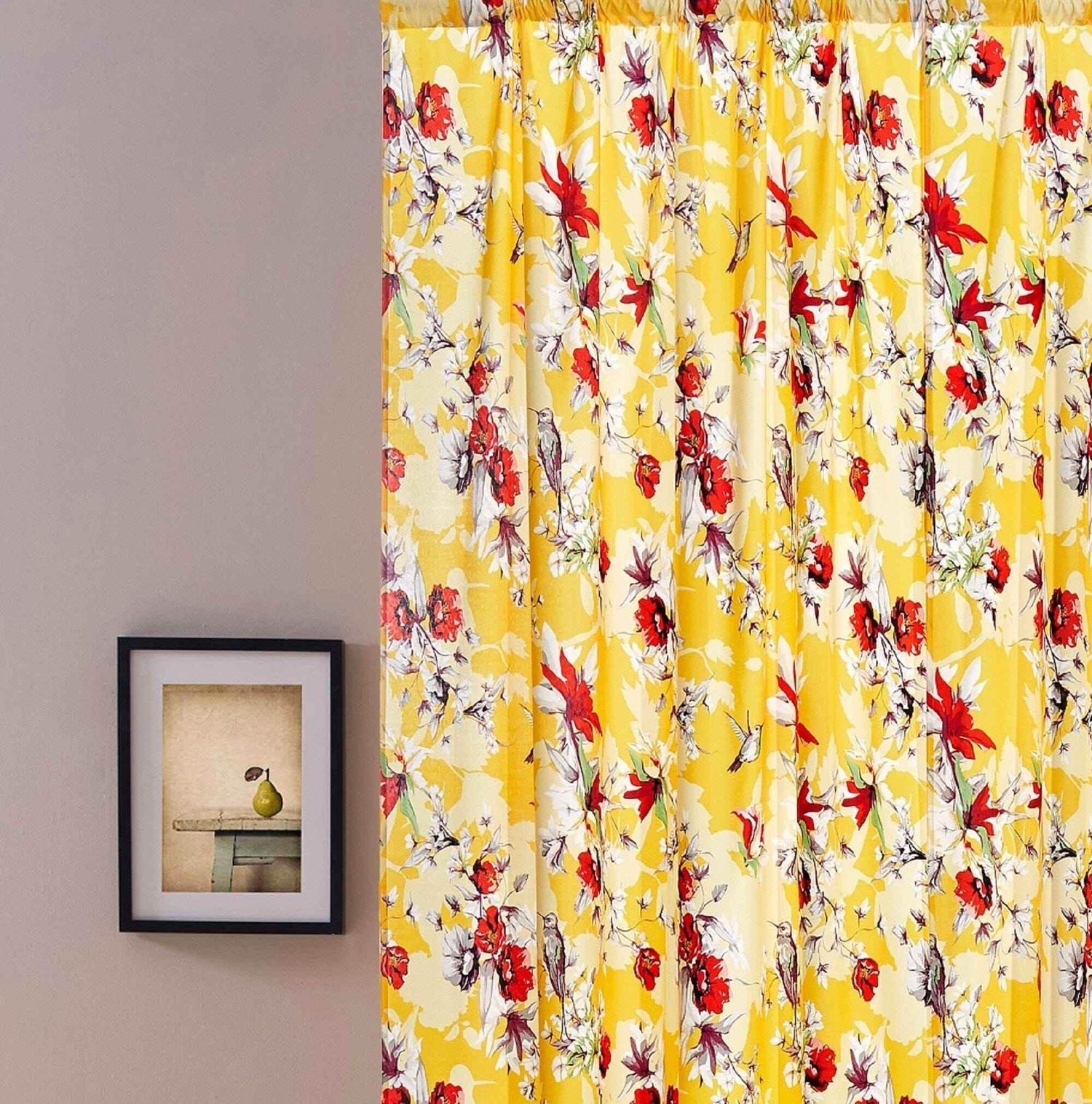 DaDa Bedding Set of 2 Radiant Sunshine Yellow Floral Window Curtain Panels - Natural Semi Sheer Hummingbirds Farmhouse Red Flowers Straight Tailored Edge - GiFTiFY
