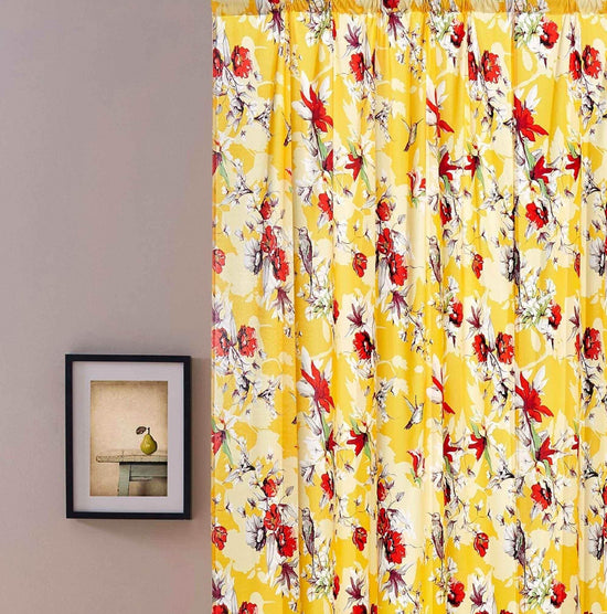 DaDa Bedding Set of 2 Radiant Sunshine Yellow Floral Window Curtain Panels - Natural Semi Sheer Hummingbirds Farmhouse Red Flowers Straight Tailored Edge - GiFTiFY