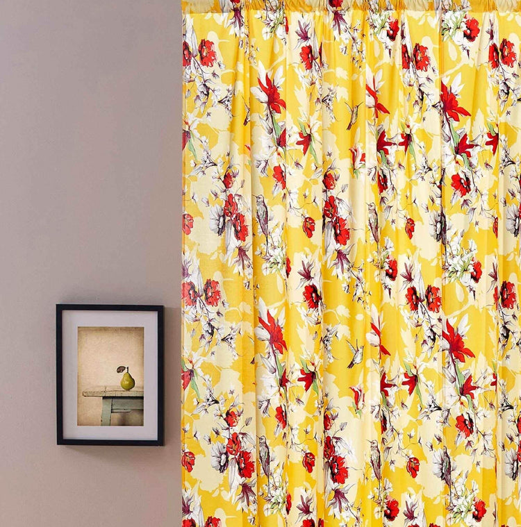 DaDa Bedding Set of 2 Radiant Sunshine Yellow Floral Window Curtain Panels - Natural Semi Sheer Hummingbirds Farmhouse Red Flowers Straight Tailored Edge - GiFTiFY