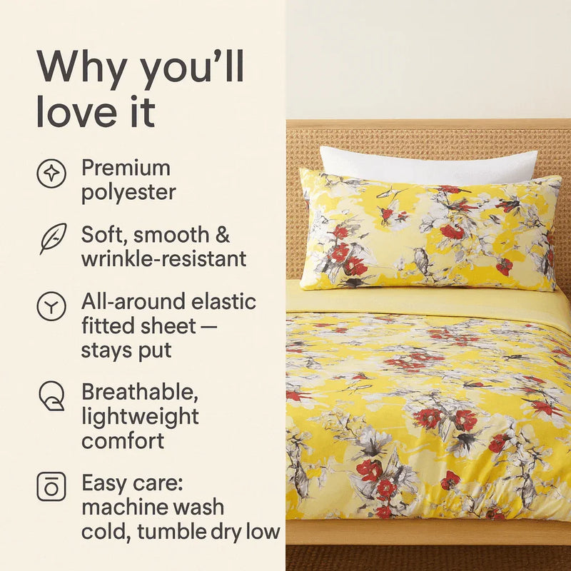 DaDa Bedding Sunshine Yellow Hummingbirds Floral Fitted & Flat Bed Sheets Set (JHW-925) Bed Sheets by DaDalogy Bedding Collection