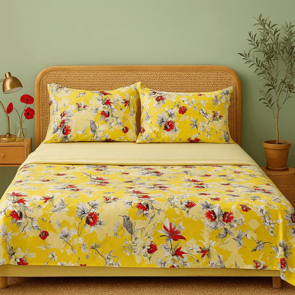 DaDa Bedding Sunshine Yellow Hummingbirds Floral Fitted & Flat Bed Sheets Set (JHW-925) Bed Sheets by DaDalogy Bedding Collection