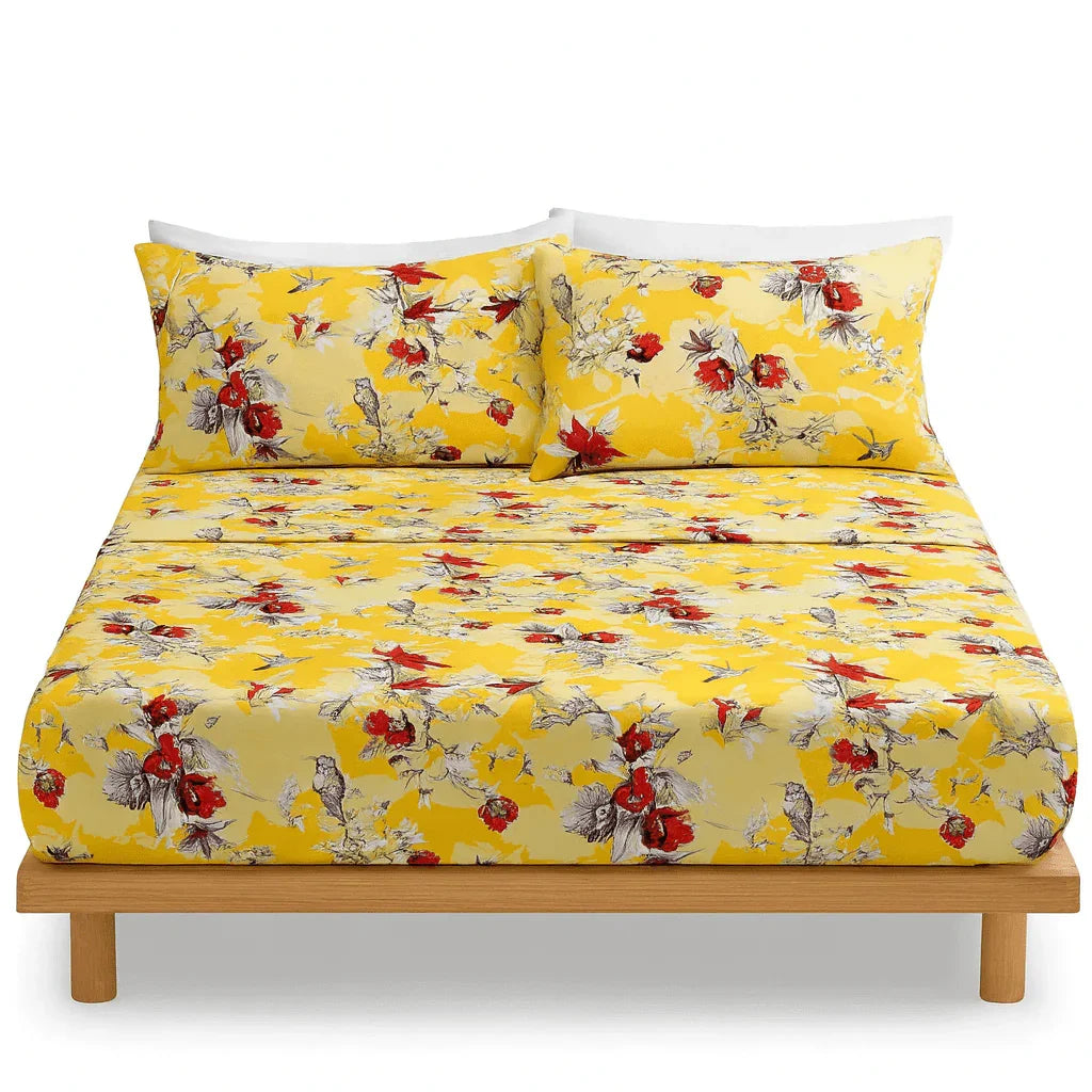 DaDa Bedding Sunshine Yellow Hummingbirds Floral Fitted & Flat Bed Sheets Set (JHW-925) - GiFTiFY