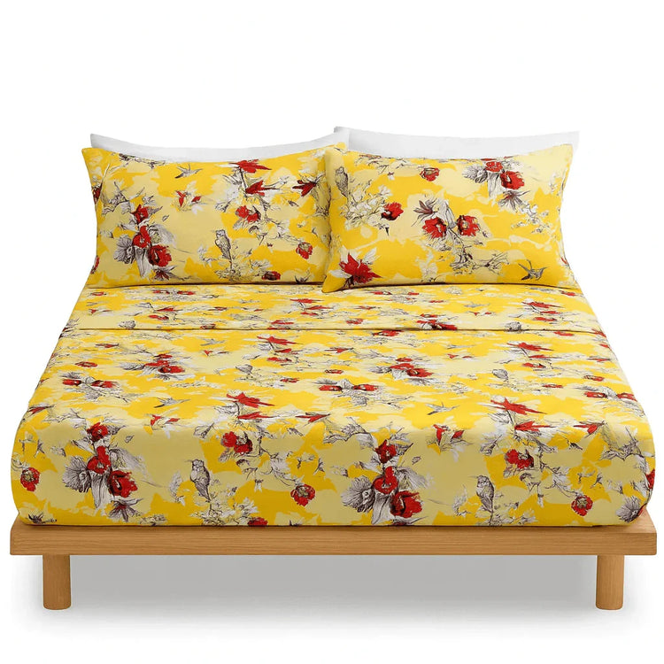 DaDa Bedding Sunshine Yellow Hummingbirds Floral Fitted & Flat Bed Sheets Set (JHW-925) - GiFTiFY
