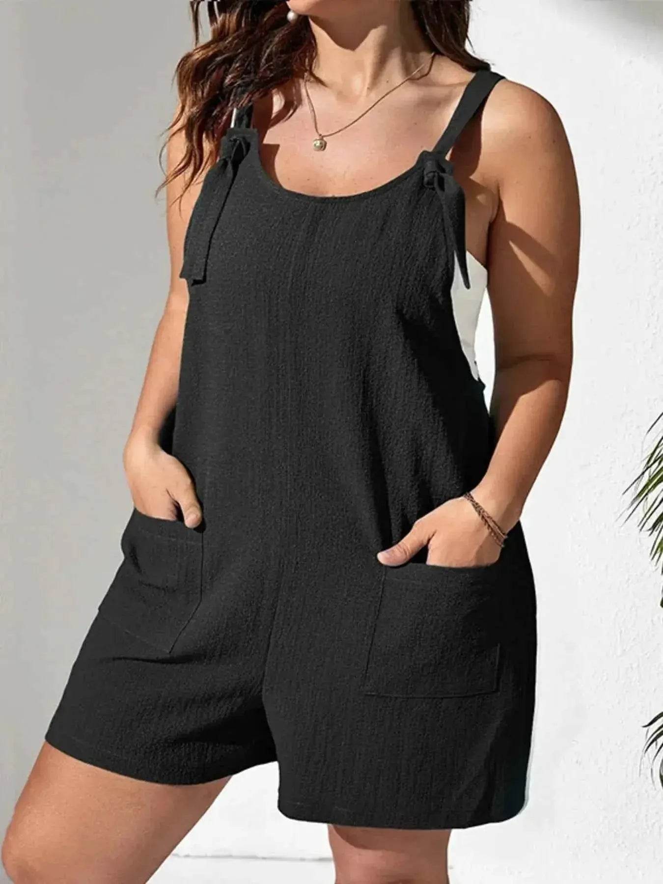 Plus Size Knotted Strap Romper with Pockets - GiFTiFY