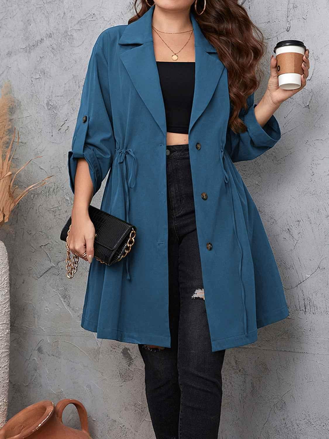 Honey Plus Size Lapel Collar Drawstring Roll-Tab Sleeve Trench Coat - GiFTiFY