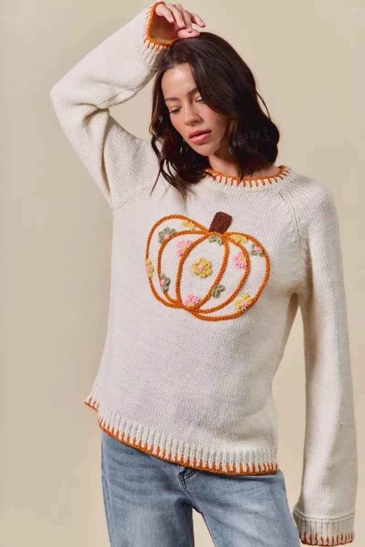SO ME Pumpkin Floral Embroidered Thanksgiving Sweater - GiFTiFY