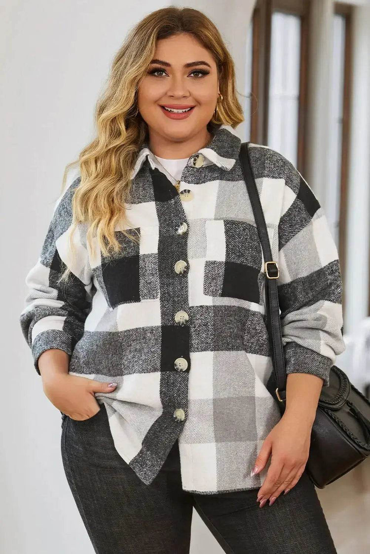 Plus Size Plaid Button Up Collared Neck Jacket - GiFTiFY