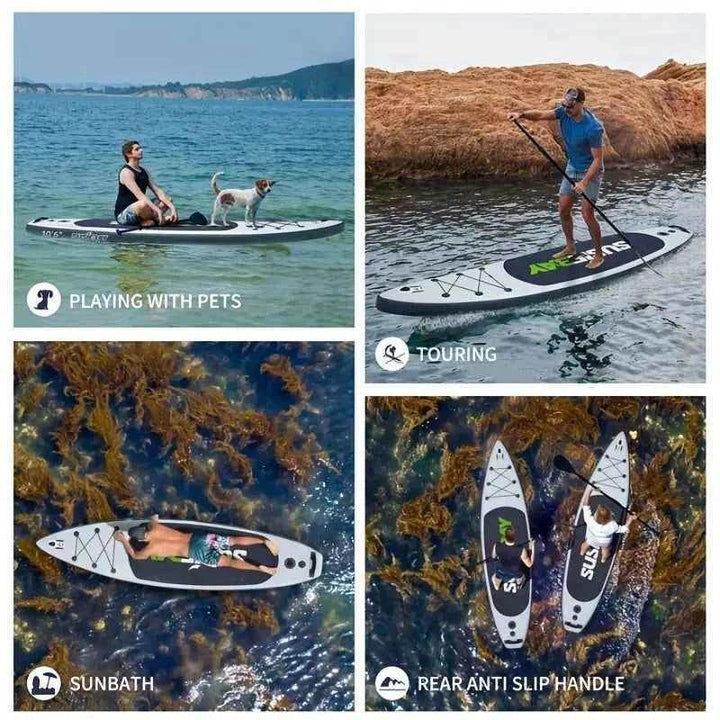 Adult inflatable upright paddleboard, 10.6ft inflatable yoga board, super surfboard with multiple accessories, multi-layer deck, travel backpack, wide upright position suitable for various scenarios, maximum weight capacity of 300 pounds. - GiFTiFY