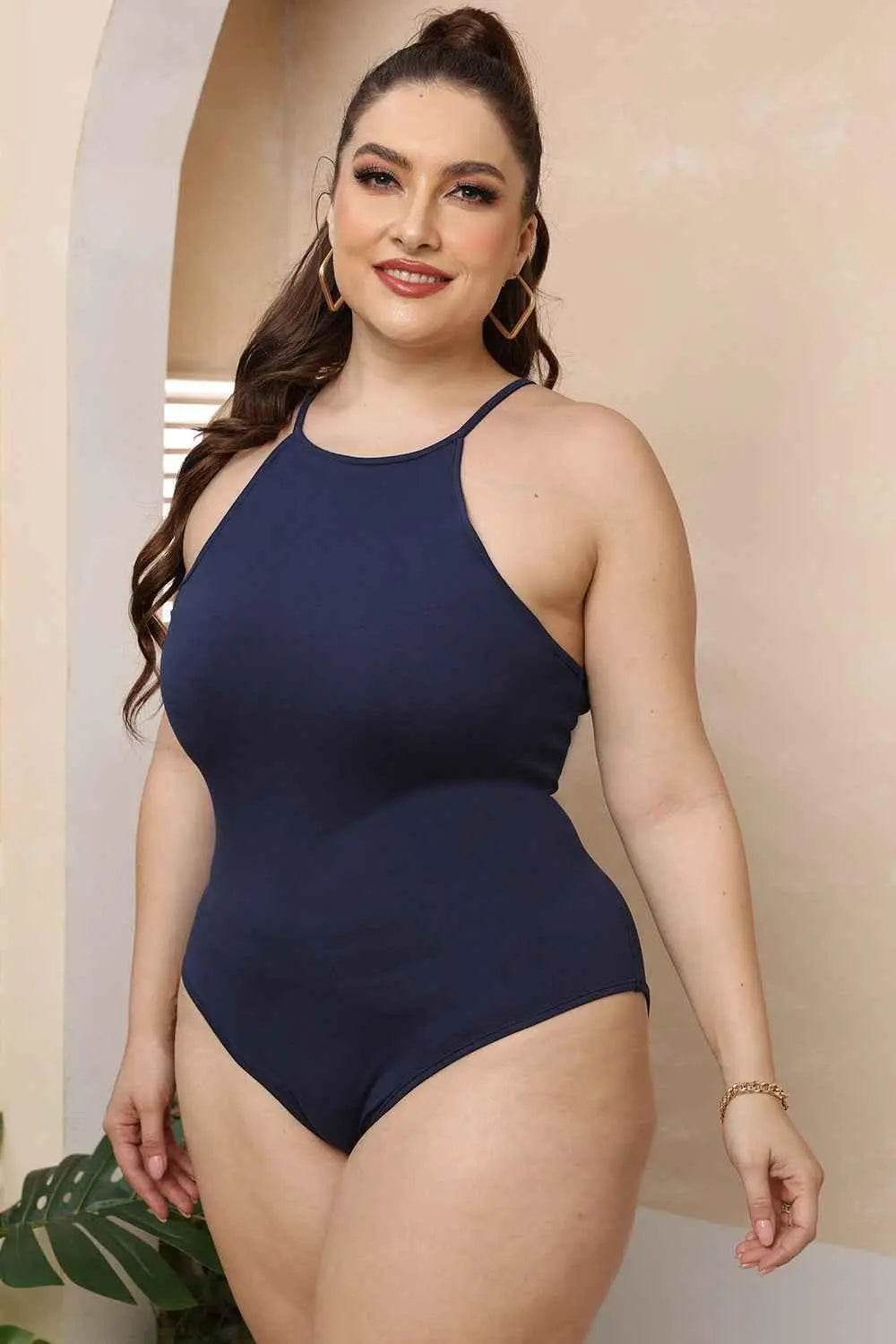 Plus Size Halter Neck Spaghetti Strap Bodysuit - GiFTiFY