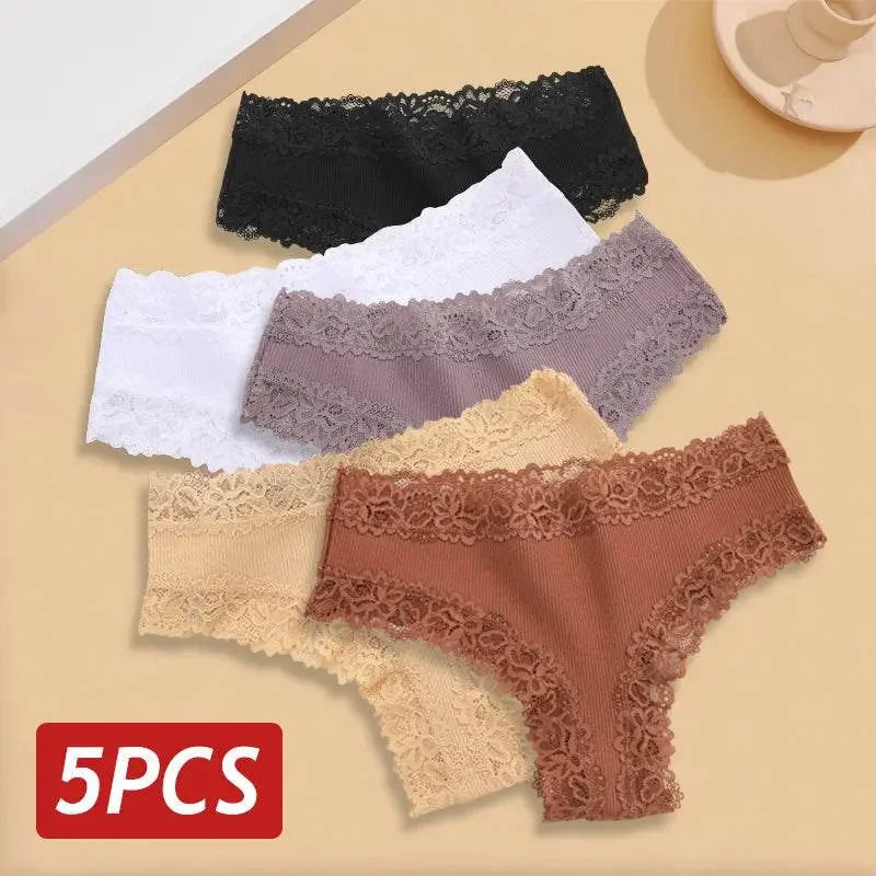 5PCS Lace Cotton Brazilian Panties Lace Cotton Brazilian Panties by Dropshee
