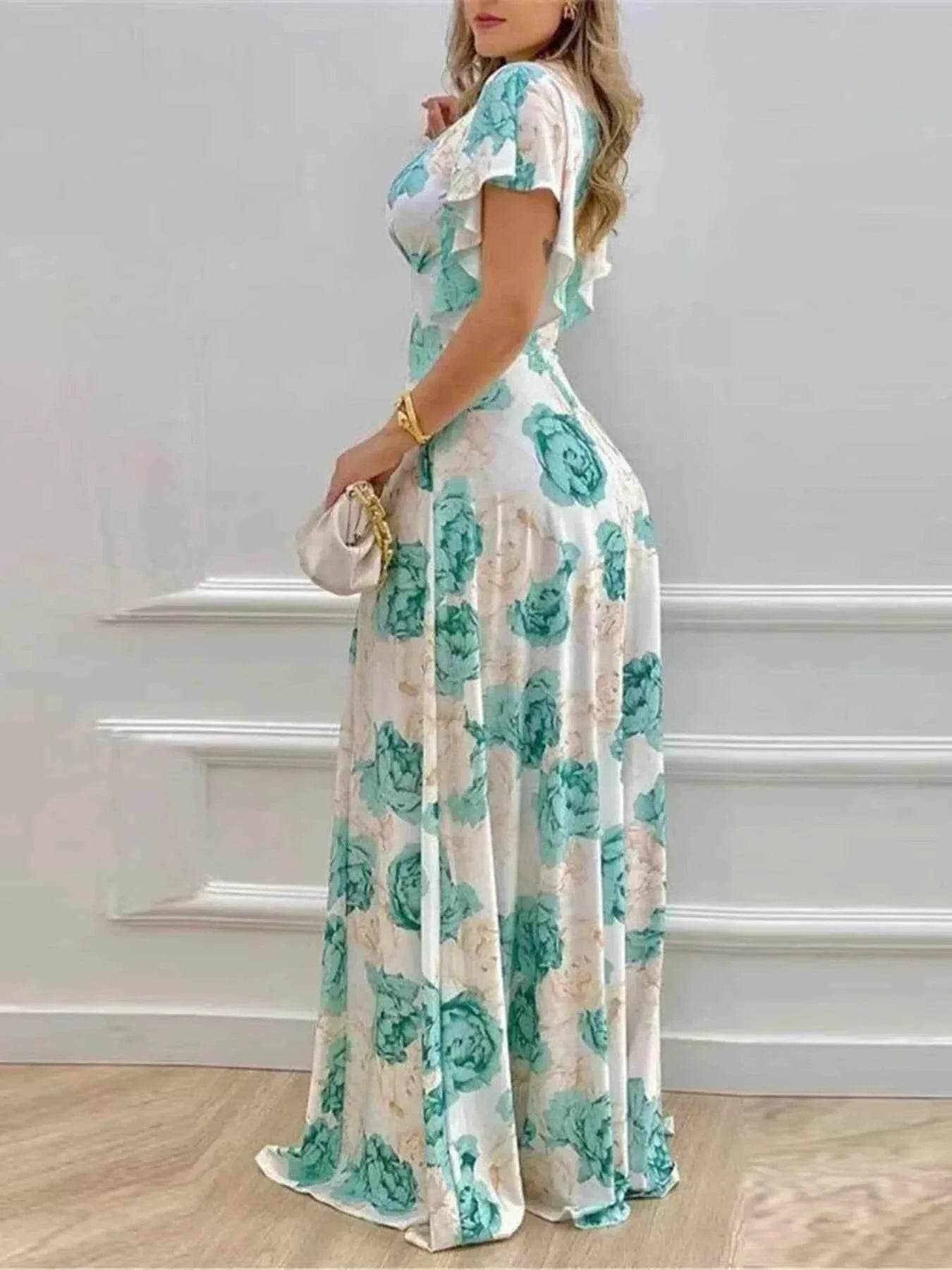 Plus Size Floral Print V-Neck Maxi Dress with Flutter Sleeves - GiFTiFY