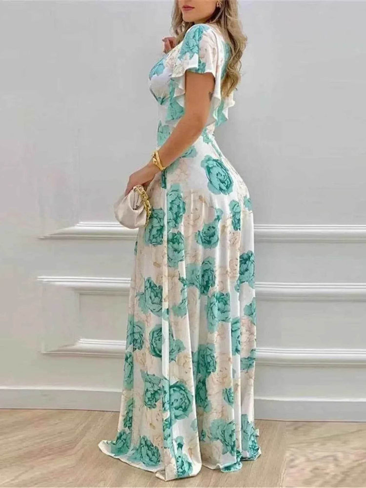 Plus Size Floral Print V-Neck Maxi Dress with Flutter Sleeves - GiFTiFY