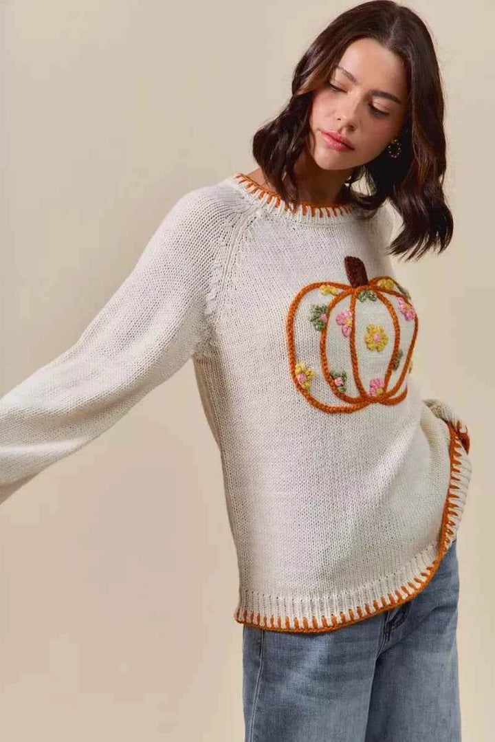SO ME Pumpkin Floral Embroidered Thanksgiving Sweater - GiFTiFY
