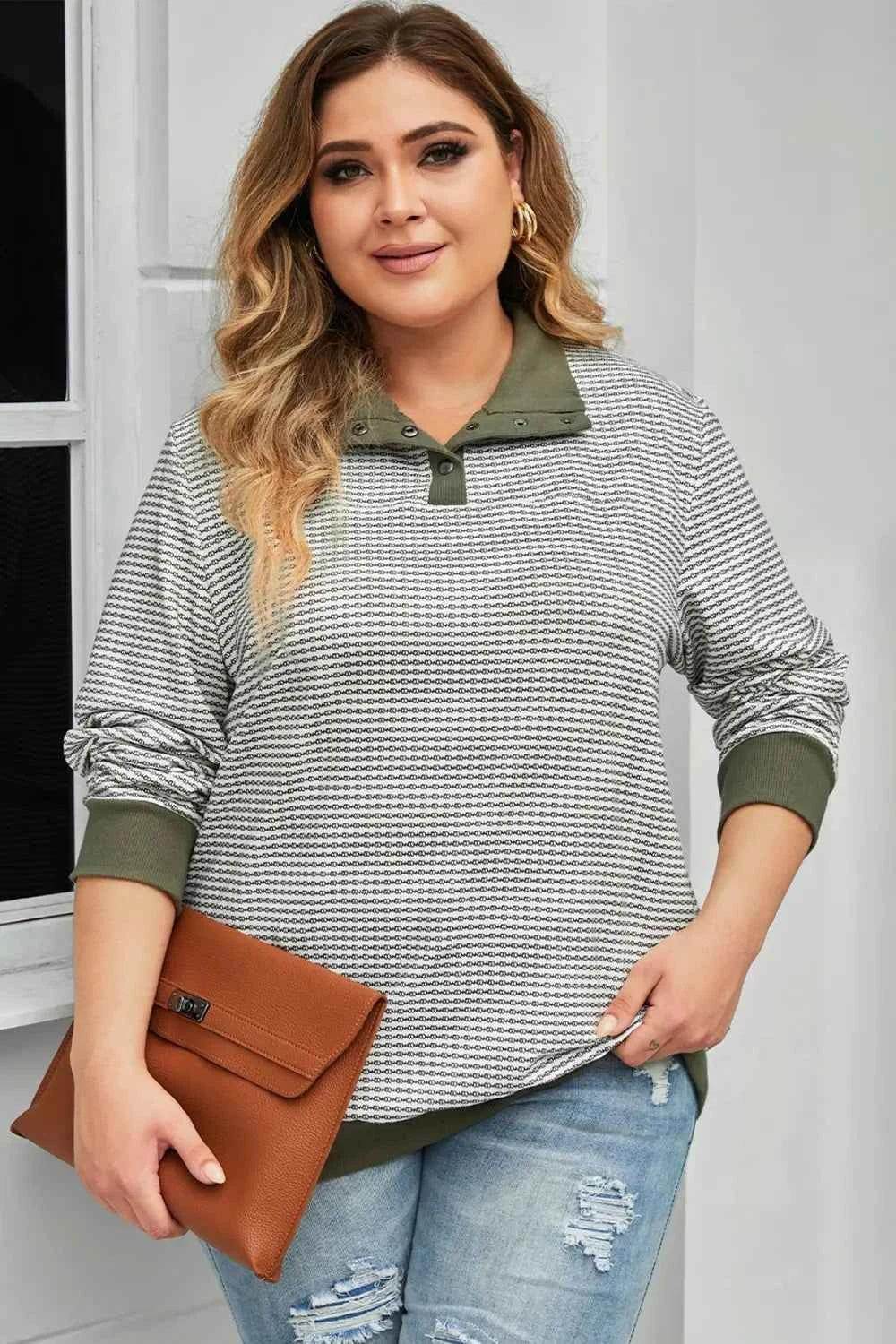 Plus Size Striped Half Snap Long Sleeve Blouse - GiFTiFY