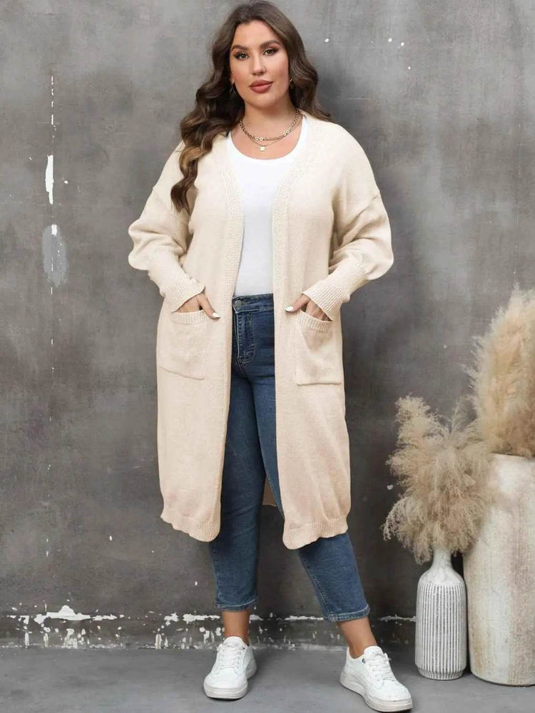 Plus Size Long Sleeve Pocketed Cardigan - GiFTiFY