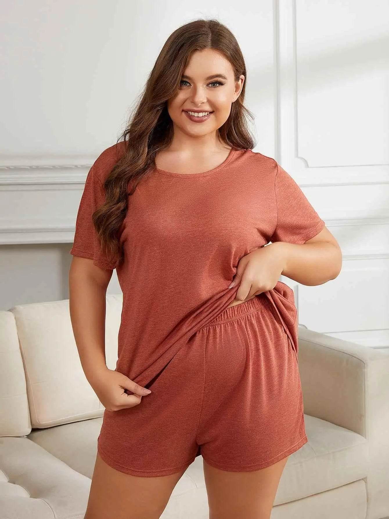 Plus Size Round Neck Short Sleeve Two-Piece Loungewear Set - GiFTiFY