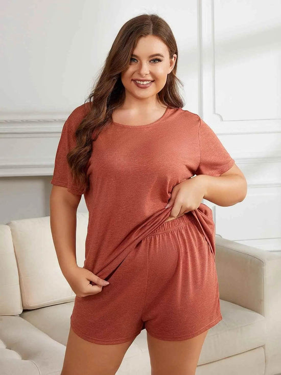 Plus Size Round Neck Short Sleeve Two-Piece Loungewear Set - GiFTiFY