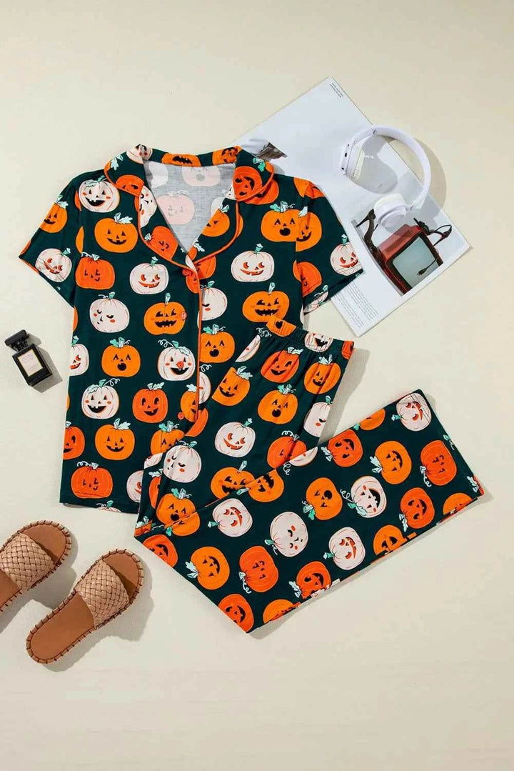 Pumpkin Printed Short Sleeve Top and Pants Lounge Set - GiFTiFY