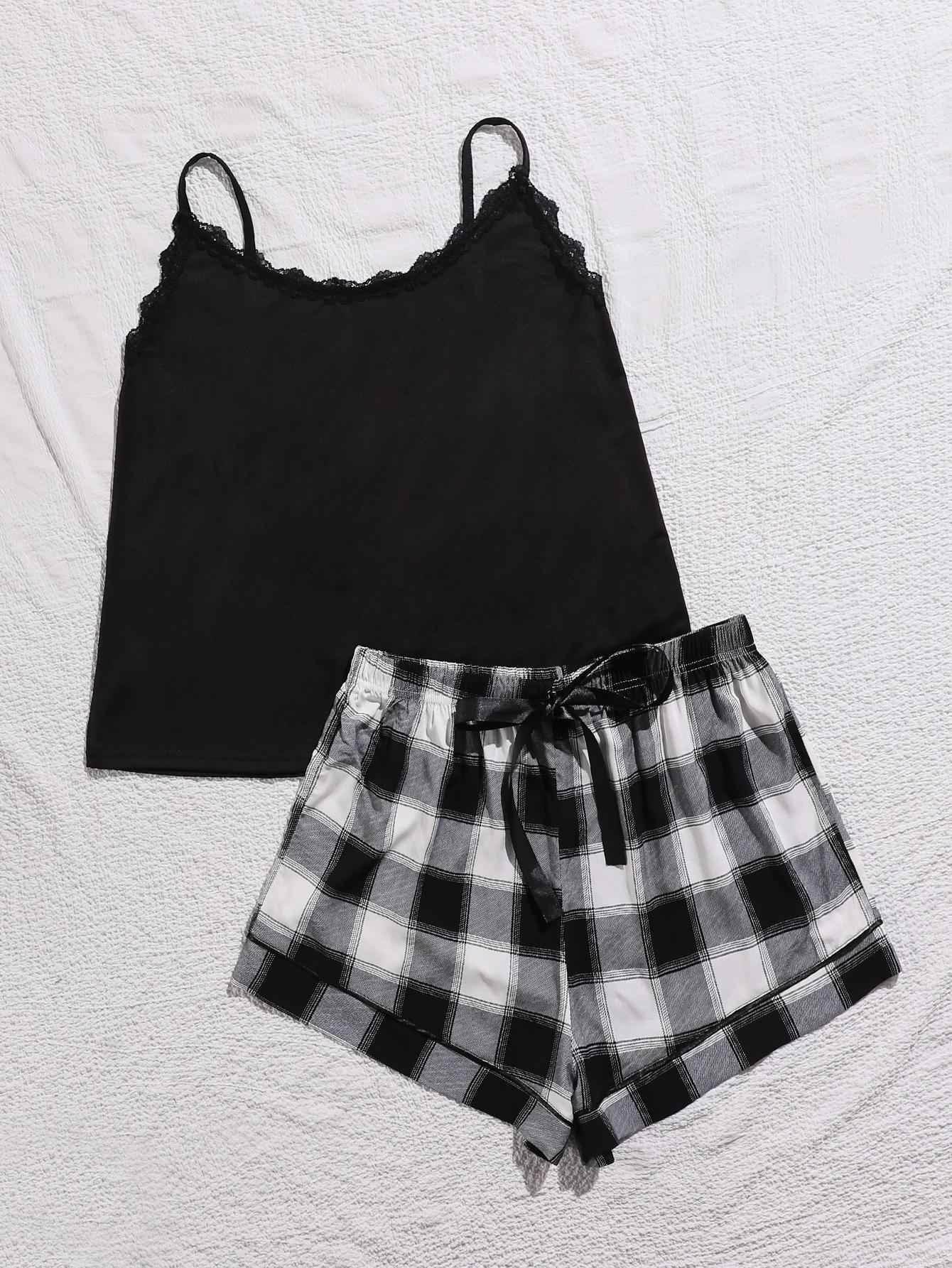 Plus Size Lace Trim Scoop Neck Cami and Printed Shorts Pajama Set - GiFTiFY