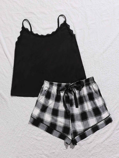 Plus Size Lace Trim Scoop Neck Cami and Printed Shorts Pajama Set - GiFTiFY