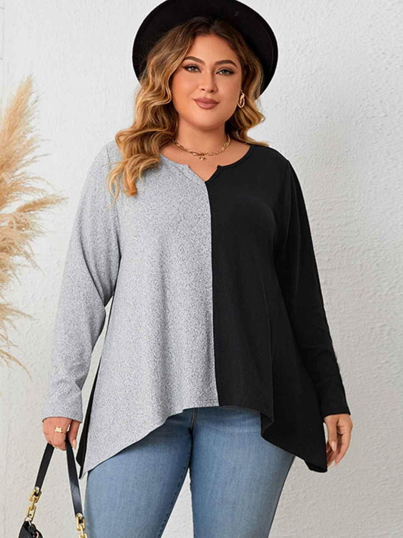 Honey Plus Size Contrast Notched Neck T-Shirt women Attire by Trendsi