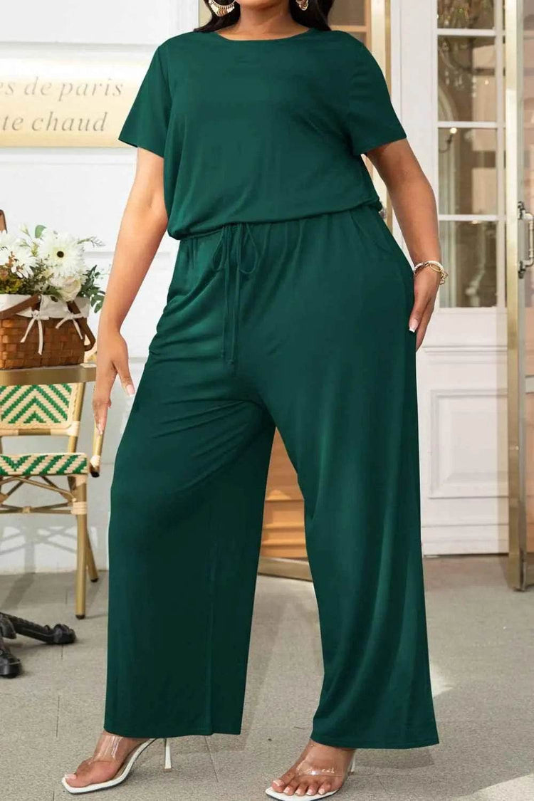 Plus Size Drawstring Waist Short Sleeve Jumpsuit - GiFTiFY