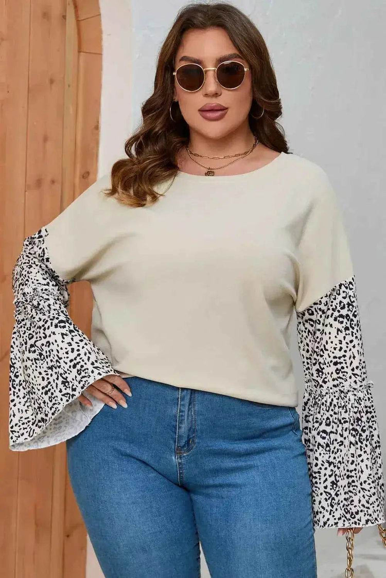 Plus Size Leopard Round Neck Long Sleeve Top - GiFTiFY