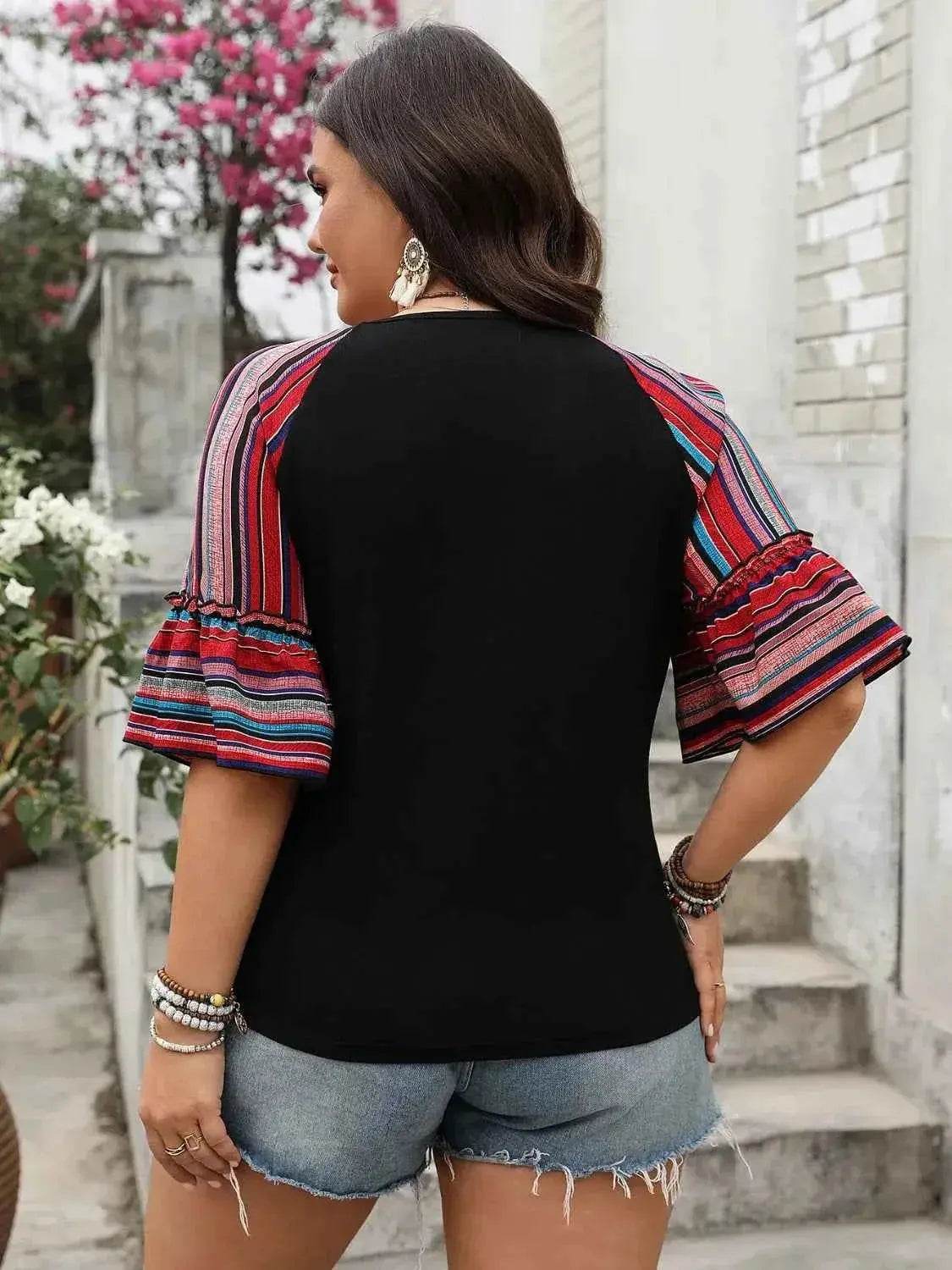 Plus Size V-Neck Flounce Sleeve Top - GiFTiFY