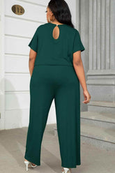 Plus Size Drawstring Waist Short Sleeve Jumpsuit - GiFTiFY