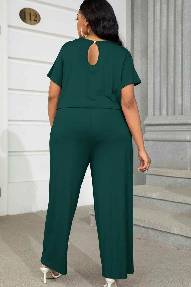 Plus Size Drawstring Waist Short Sleeve Jumpsuit - GiFTiFY