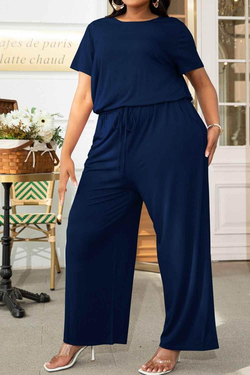 Plus Size Drawstring Waist Short Sleeve Jumpsuit - GiFTiFY